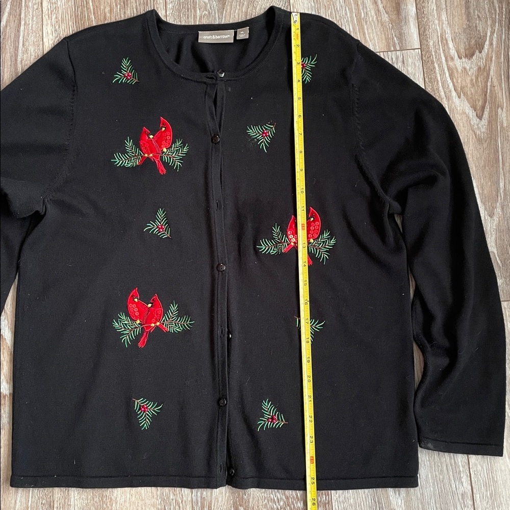 Croft & Barrow Black Jersey Knit Cardigan XL Red Velvet Embroidered Cardinals - Picture 5 of 11